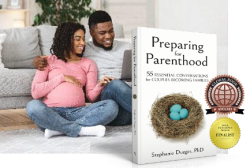 photo of a couple sitting on the floor overlapped with a photo of the preparing for parenthood book